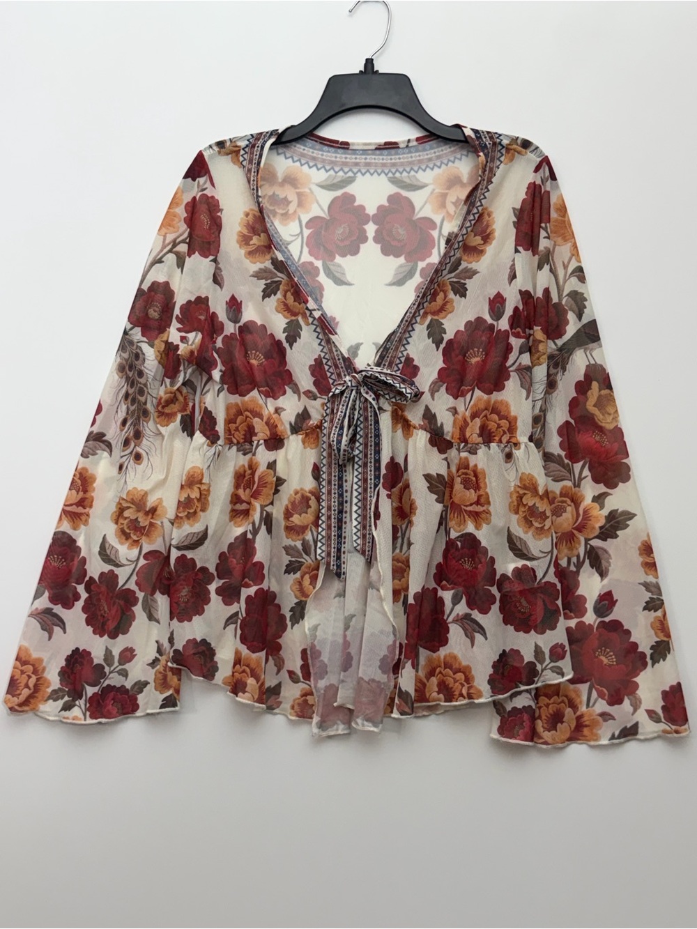 SHEIN Sheer Floral Tie-Front Blouse - Cream with Burgundy & Mustard Size 1XL